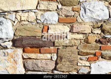 old stone masonry wall texture background, banner with irregular pattern Stock Photo