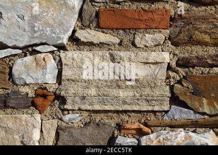 old stone masonry wall texture background, banner with irregular pattern Stock Photo