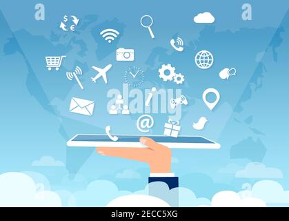 Vector of a hand holding tablet computer with multiple social media app icons above clouds Stock Vector
