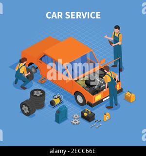 Car service work process isometric with workers repairing and testing the car and different tools around vector illustration Stock Vector