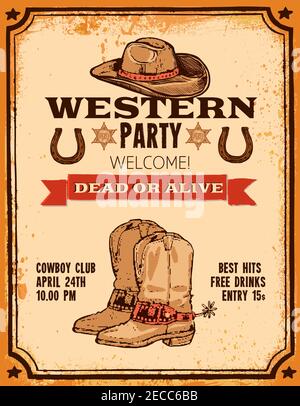Advertising of western party with hat two pistols cowboy boots and title hand drawn poster vector illustration Stock Vector