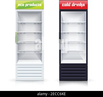 Two empty vertical refrigerators with transparent front panels for cooling drinks and eco products realistic vector Illustration Stock Vector
