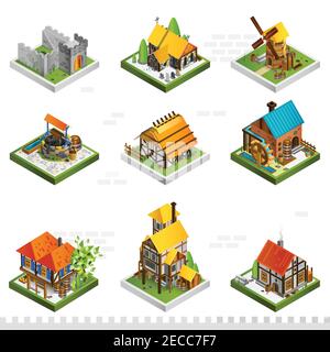 Medieval isometric buildings collection with ancient citadel houses on stilts mill and well isolated vector illustration Stock Vector