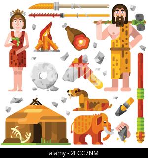 Prehistoric stone age cartoon decorative icons with cavemen family fire hut food and weapon for hunting isolated vector illustration Stock Vector