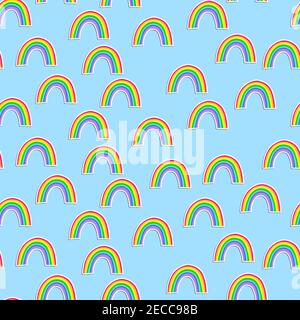 Fashion seamless pattern with colorful rainbow on blue background. Design for invitation, poster, card, fabric, textile, fabric. Cute holiday Stock Vector