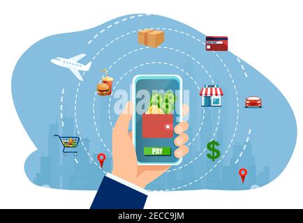 Vector of a businessman paying for the services online using mobile phone app Stock Vector