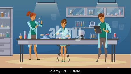 Laboratory assistants work in scientific medical chemical or biological lab setting experiments retro cartoon poster vector illustration Stock Vector