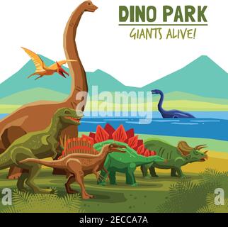 Different flying swimming and land dinosaurs with lake and mountains on background dino park cartoon poster vector illustration Stock Vector