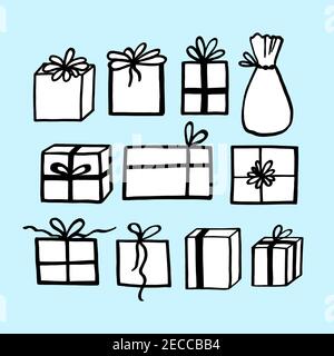 Winter holiday cartoon present. Christmas set isolated on white background. Merry Christmas and New year doodle vector illustration. Template design Stock Vector