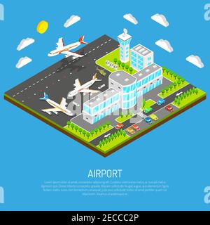 Poster of square platform airport including terminal control tower airfield and airplanes on blue background isometric vector illustration