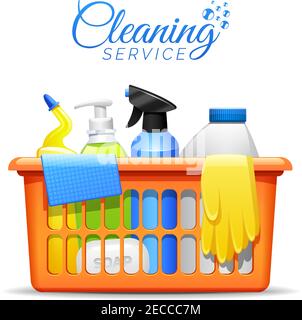 Household cleaning products and accessories in basket realistic pictogram with detergent spay and rubber gloves abstract vector illustration Stock Vector