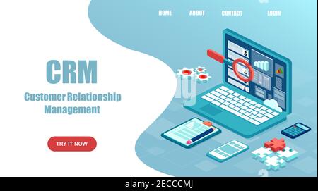 Vector website template of a laptop with customer, client relationship management software system. Stock Vector