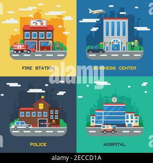 Government buildings 2x2 flat design concept set of fire station business center police and hospital vector illustration Stock Vector