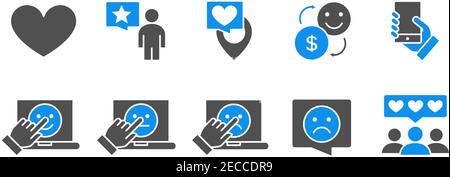 Set of feedback colored icons. Like and dislike, charity, favorite, quality control, customer review and more. Stock Vector