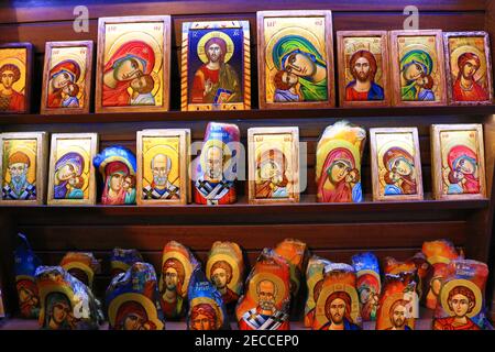 The indoor icons on the walls of The Great Meteoron Holy Monastery of the Transfiguration of the Saviour.Precariously balanced on a rocky outcrop Stock Photo