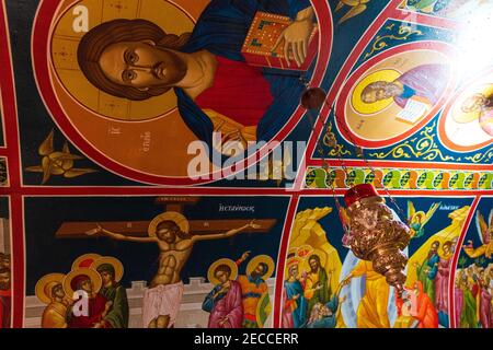 The indoor icons on the walls of The Great Meteoron Holy Monastery of the Transfiguration of the Saviour.Precariously balanced on a rocky outcrop Stock Photo