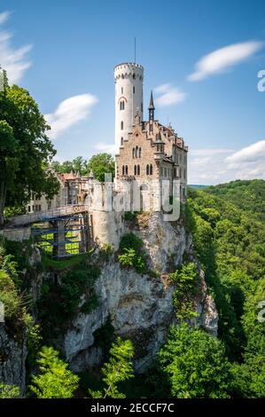 View on Lichtenstein castle on a sunny day with clouds Stock Photo