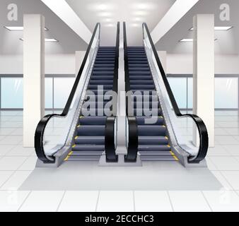 Up and down escalators inside building concept realistic vector illustration Stock Vector