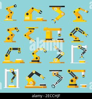 Industrial mechanical automation conveyor robotic hands for manufacture orthogonal flat isolated icons set on light blue background vector illustratio Stock Vector