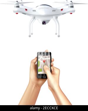 Unmanned drone and smartphone with  navigation app in human hands realistic concept vector illustration Stock Vector