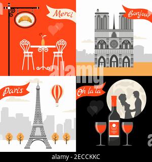 France Paris Retro Style Concept with triumphal arch eiffel tower street cafe romantic appointment isolated vector illustration Stock Vector
