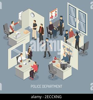 Police department isometric composition with policemen visitors arrested persons interrogation office interior on blue background vector illustration Stock Vector