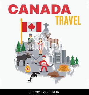 Decorative map canada poster with flag national food hockey skyscrapers and spruces on white background vector illustration Stock Vector