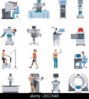 Bionic icons with surgical and diagnostic equipment robot assistant and people orthopedic prosthetics isolated vector illustration Stock Vector