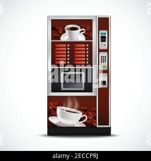 Realistic coffee vending machine with cups saucers and roasted grains on white background isolated vector illustration Stock Vector