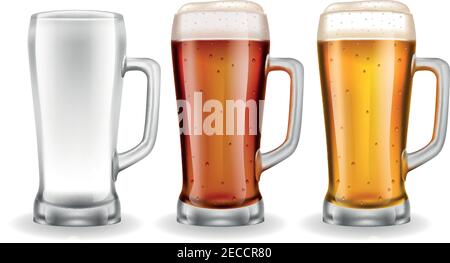 Three transparent glass mugs with amber and yellow kind of beer in realistic style on white background vector illustration Stock Vector