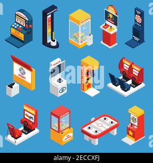 Game machine isometric icons set of slot crane boxing darts karaoke dynamometer machines isolated vector illustration Stock Vector