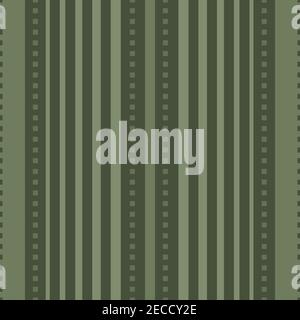 Vector stitch stripe effect seamless pattern background. Sage green backdrop with vertical stripes and simulated stitching. Monochrome design with Stock Vector
