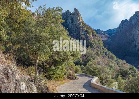 View on a small empty concrete road leading to the Abbey of Saint-Martin-du-Canigou in southern France Stock Photo