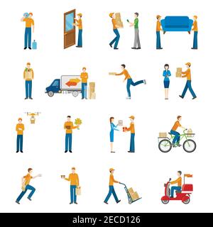 Delivery courier people delivering goods by different types of transport icons set on white background flat isolated vector illustration Stock Vector