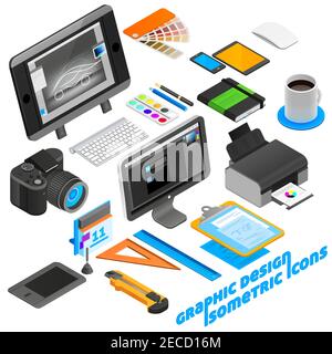 Graphic design isometric icons set with computer and camera isolated vector illustration Stock Vector