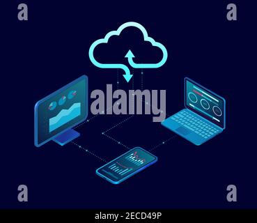 Vector of a desktop computer and mobile devices connected to cloud server service Stock Vector