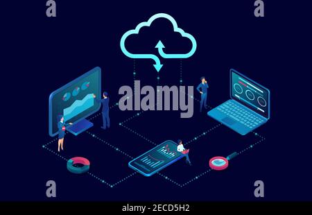 Vector business people using desktop computer and mobile devices connected to cloud server service Stock Vector