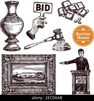 Hand drawn sketch auction set with rare picture vase bid money hammer and manager isolated vector illustration Stock Vector