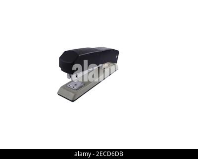 Black metal stapler on white background. Office Supplies Stock Photo