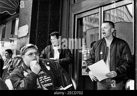 Wheelchair users from DAN (Disabled Action Network) block entrances to Harrods store in London in 1995 as a protest about wheelchair users being refused access to the store, in the lead up to the Disability Discrimination Act being debated in Parliament that year. Stock Photo