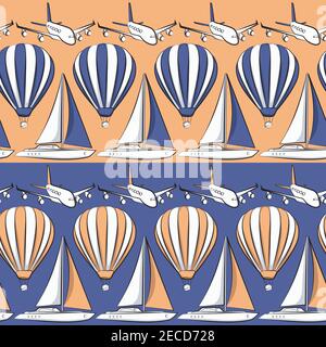 Vector seamless pattern with boat, airplane and air balloon. Stock Vector