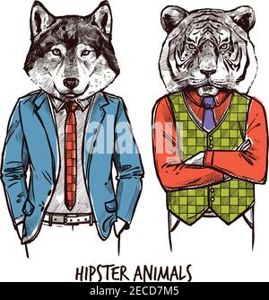 Hipster Animals Sketch Set. Hipster Animals Isolated Vector Illustration. Hipster Style  Animals Design Set.  Hipster Animals Decorative Set. Stock Vector