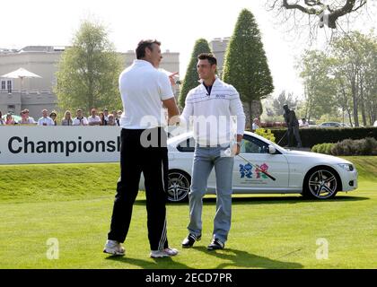 Golf - BMW PGA Championship Media Day - Wentworth - 20/4/11  World Number One golfer Germany's Martin Kaymer (R) and three time Olympic medalist and BMW London 2012 Performance Team member Steve Backley OBE go head to head in a multi-sport play-off from Wentworth Club's first tee today, ahead of the BMW PGA Championship on 26th-29th May 2011  Mandatory Credit: Action Images / Andrew Boyers  Livepic