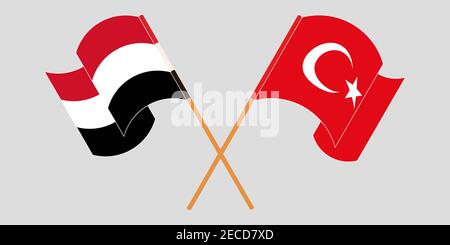 Crossed and waving flags of Yemen and Turkey. Vector illustration Stock Vector