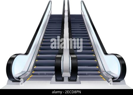 Two up and down escalators set on white background realistic isolated vector illustration Stock Vector