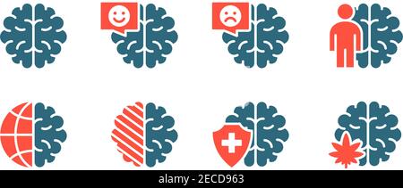 Set of human brain colored icon. Healthy internal organ, head organ illness, diagnosis, treatment symbol Stock Vector