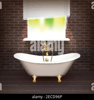 Realistic Bathroom Poster with vintage bathtub on wooden floor and a brick wall across from the window vector illustration Stock Vector