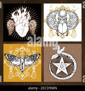 Insects Occult Tattoo Sketch Concept. Occult Tattoo Hand Drawn Set. Magic Tattoo Vector Illustration. Magic Occult Tattoo Symbols. Magic Occult Tattoo Stock Vector