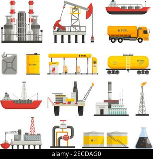 Different transports constructions and factories of oil petrol industry flat icons set isolated vector illustrations Stock Vector