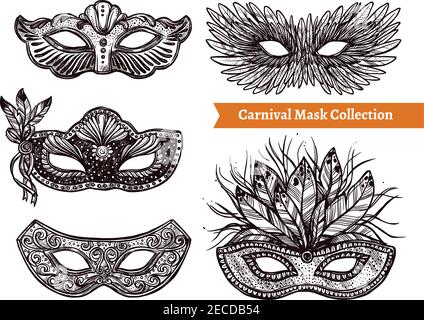 Black and white carnival masks of different shape with feathers stones and other decorations hand drawn set on white background isolated vector illust Stock Vector